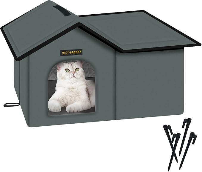 Rest-Eazzzy Cat House for Outdoor Cats, Weatherproof and Insulated Feral Cat House with Mat and Clip, Easy to Put Together, Selfwarming Cat Shelter for Summer(Grey, Waterproof House-L)