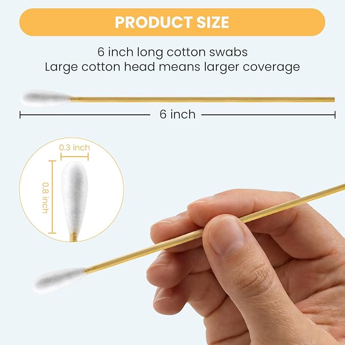 200PCS 6" Cotton Swabs Large in Storage Box - Long Cotton Swab with Bamboo Handle - Soft, Lint Free, Highly Absorbent Single Tipped Applicators for Dog Care, Makeup & Home Cleaning