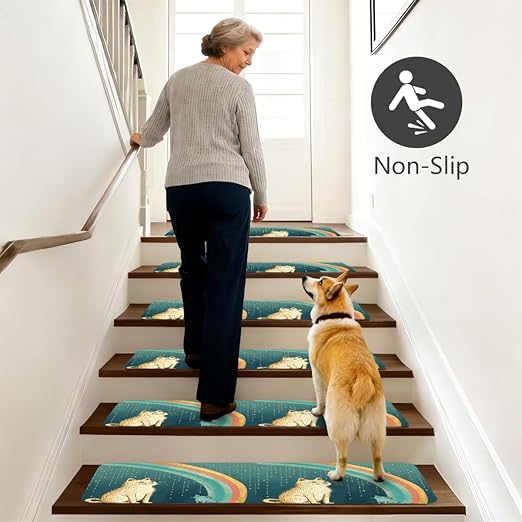 Animal Cute Cat Rainbow Stair Treads for Wooden Steps Indoor Washable Staircase Carpet 10PCS 30"x7.8" Stair Step Treads Non-Slip Staircase Covers Peel and Stick Safety Mat for Kids Elders Pets