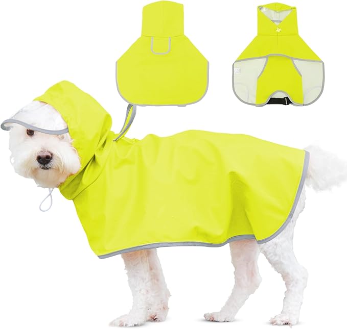 Medium Dog Raincoat, Hooded Waterproof Jacket with Adjustable Belly Strap, Safety Vest for Outdoor Walking (Neon Green, M)