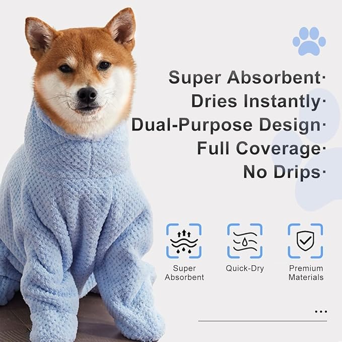 MANON ROSA Dog Bathrobe Towel - Absorbent Microfiber Robe for Small Medium Large Dogs and Cats - Quick-Drying Pet Drying Towel for After Bath Pool Beach (Large Fits Pets 15-23lbs Back Length 20")