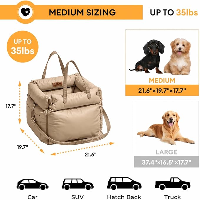 FUNNYFUZZY Luxury Dog Car Seat for Small Medium Dogs Under 35 lbs, Waterproof Leather Pet Booster Seat with Safety Leash & Anti-Slip Base, Fully Padded Dog Car Bed, Portable Puppy Carrier(Khaki)