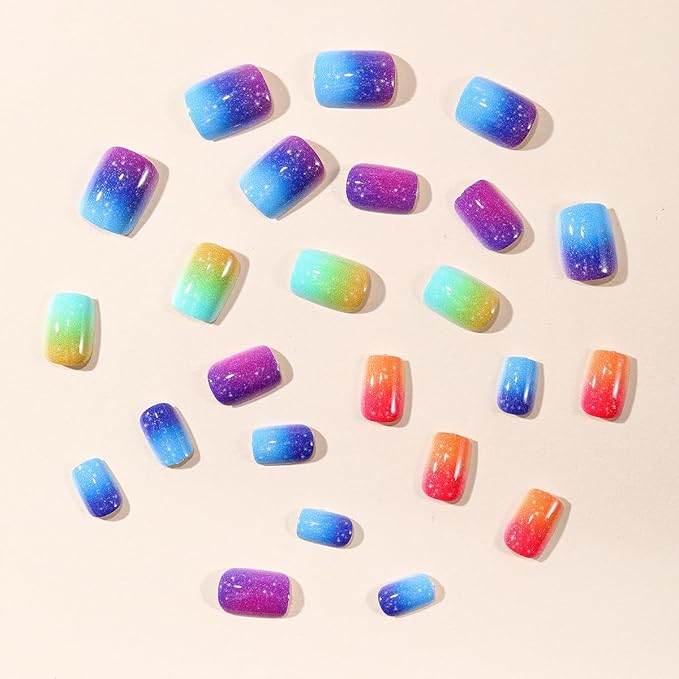 yefiuo Summer Press on Nails Short Square Ombre Purple Blue Fake Nails Press ons Glitter Acrylic False Nails Glue on Nails Reusable Nail Tips Kit Full Cover Stick on Nail Supplies for Women Girl 24Pcs