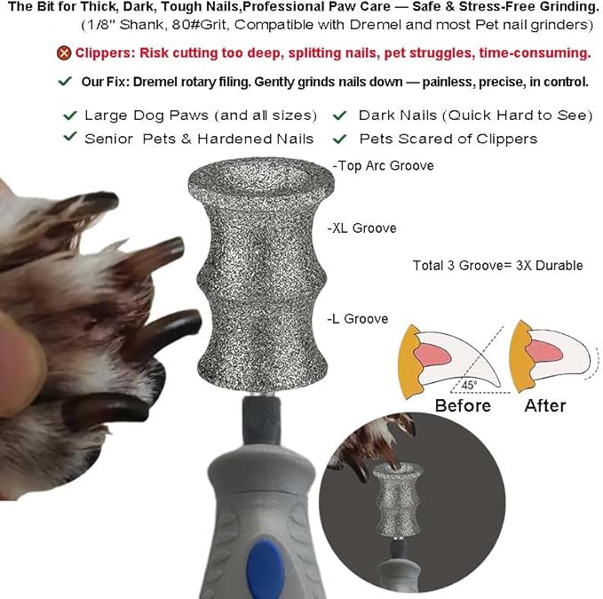 Diamond Dog Nail Grinder Bits Attachments for Dremel 7760 7350 7300 - 1/8'' 80 Grit Replacement Heads Refills & Tip for Most Pet Grinders - Painless & Safe for All Dogs Cats Thick Tough Nails Grooming