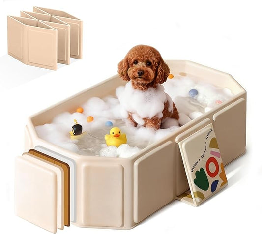 Foldable Dog Bathtub for Small to Medium Dogs & Cats, Collapsible Pet Bath Tub with Side Drain Plug, Portable Puppy Wash Tub, Rigid Panels, Fold-Flat for Carry & Storage