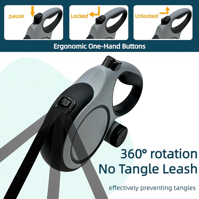 26ft Retractable Dog Leash for Large Dogs with Poop Bag Holder,Heavy Duty Retractable Dog Leash with Chew Proof Extender,One-Hand Lock System,Impact-Resistant,Up to 110 lbs (Grey)