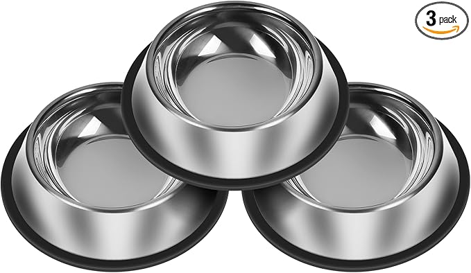 3Pcs Stainless Steel Dog Bowls Set - Non-Slip Food and Water Bowl 13 Oz - Dishwasher-Safe, Rust Resistant Metal Pet Bowls for Small/Medium/Large Sized Pets