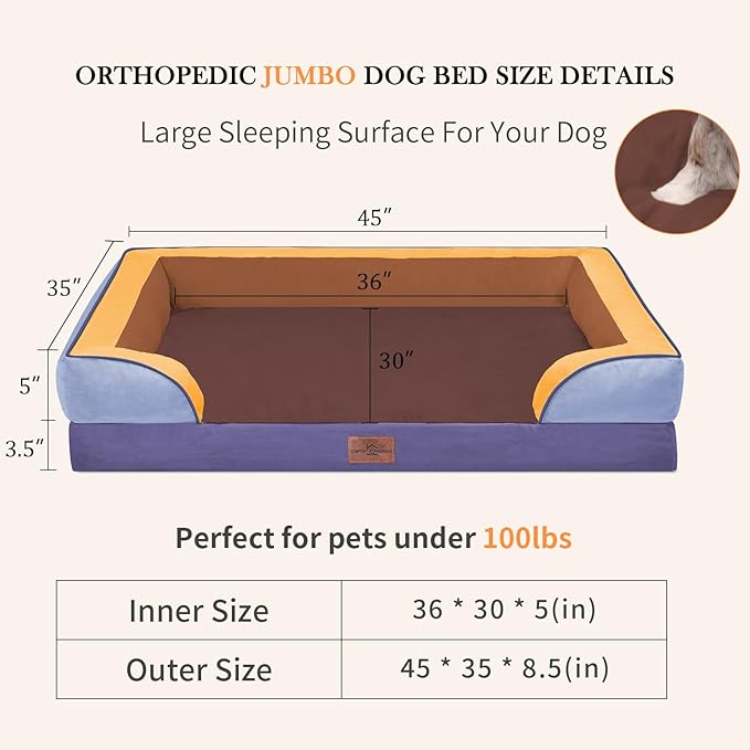 Comfort Expression Orthopedic Dog Bed for Extra Large Dogs 45x35 Inch, Waterproof Egg Crate Foam XL Pet Bed with Bolsters, Dog Couch with Washable Cover & Non-Slip Bottom, Honey Lavender