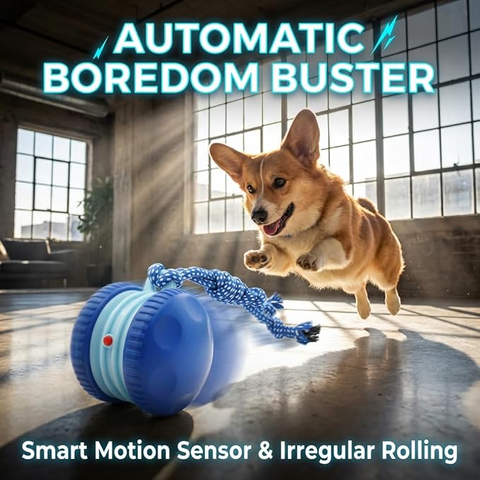 Interactive Cat Dog Toy Funny Automatic Moving Rolling Dog Toys with Rope for Small Medium Large Dogs Cats Rechargeable Puppy Toys Pet Ball to Keep Them Busy (Blue)