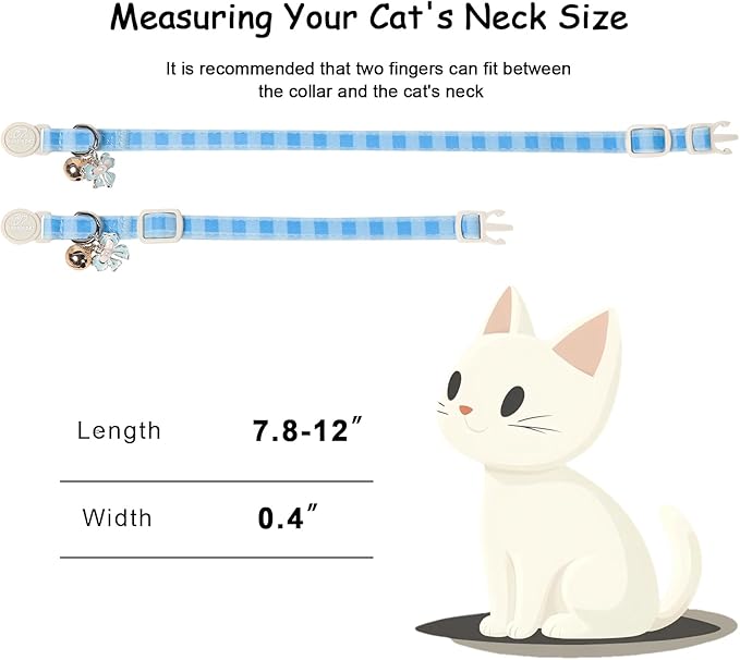 2 Pack Cute Cat Collars - Blue Plaid & Floral Breakaway Cat Collars, Adjustable Boy Girl Kitten Safety Collar for Small Dogs Puppy, Everyday Pet Collar with Bell & Pendant