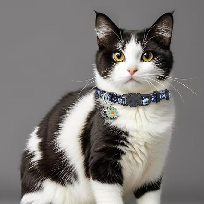 Cat Collar Breakaway, 2 Pack Cotton Kitten Collars with Bells and Removable Charms, Cute Flowers Shaped for Indoor Boy, Girl and Adult Cats, Purple and Blue