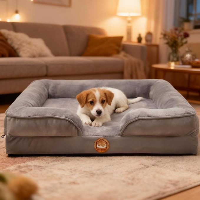 Orthopedic Dog Bed for Medium Dogs- Memory Foam Pet Bed with Cooling Support, Calming Washable Dog Bed with Soft Bolster, Removable Machine Washable Cover, Non-Slip Bottom with My Home Label