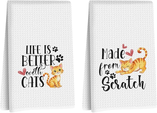 Hanamiya Na 2Pcs Cute Cat Kitchen Towels 24x14 Inch, Make from Scratch, Absorbent Microfiber Dish Cloth Tea Towel, Waffle Hand Towels for Kitchen Home Bathroom, Cat Lover Gifts