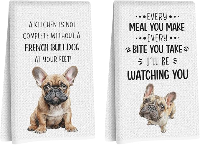 2Pcs French Bulldog Kitchen Towels 24x14 Inch, French Bulldog Gifts for Woman Mom, Reusable Waffle Weave Microfiber Absorbent Hand Tea Dish Towels for Kitchen Bathroom Decor, Dog Lovers Gifts
