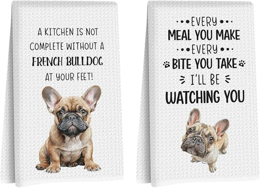 2Pcs French Bulldog Kitchen Towels 24x14 Inch, French Bulldog Gifts for Woman Mom, Reusable Waffle Weave Microfiber Absorbent Hand Tea Dish Towels for Kitchen Bathroom Decor, Dog Lovers Gifts