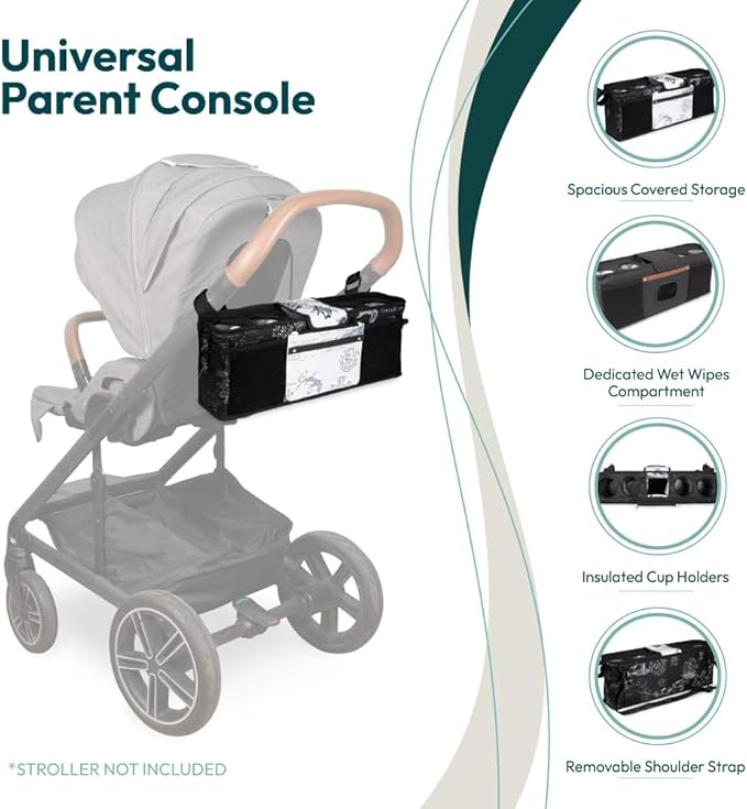 WONDERFOLD Universal Parent Console Stroller Organizer with Insulated Cup Holders, Hook & Loop Closure Handle Attachment, 2 Storage Pockets, Removable Shoulder Strap for Easy Transport