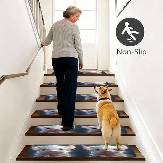 Animal Cute Pig Stair Treads for Wooden Steps Indoor Washable Staircase Carpet 10PCS 30"x7.8" Stair Step Treads Non-Slip Staircase Covers Peel and Stick Safety Mat for Kids Elders Pets