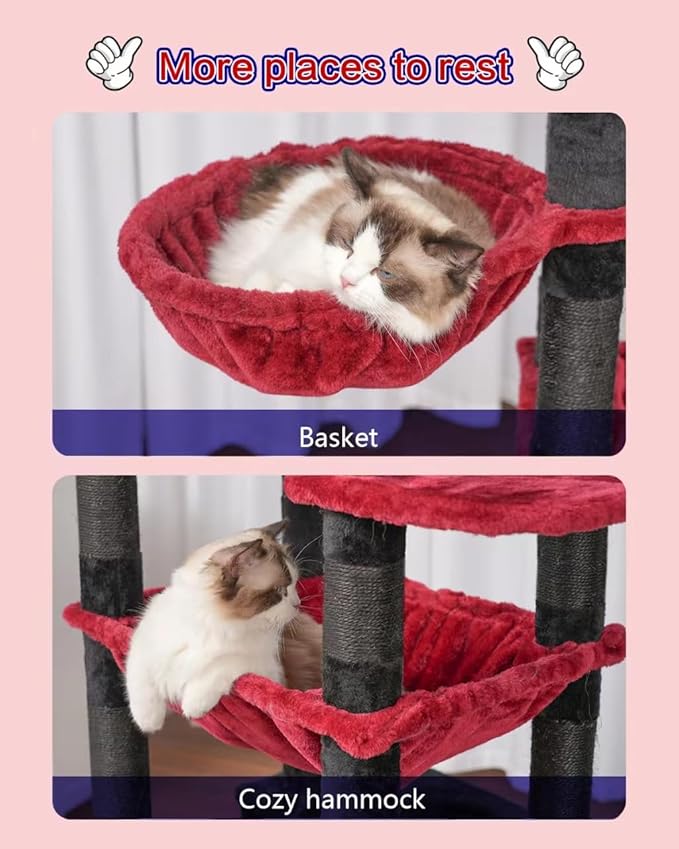 Gitelsnour Cat Tree for Indoor Cats Large Adult, 74" Cat Tower for with 3 Big Platforms, 2 Baskets, 2 Condos, Multi-Level Cat Scratching Posts, Black and Red GCT030BR