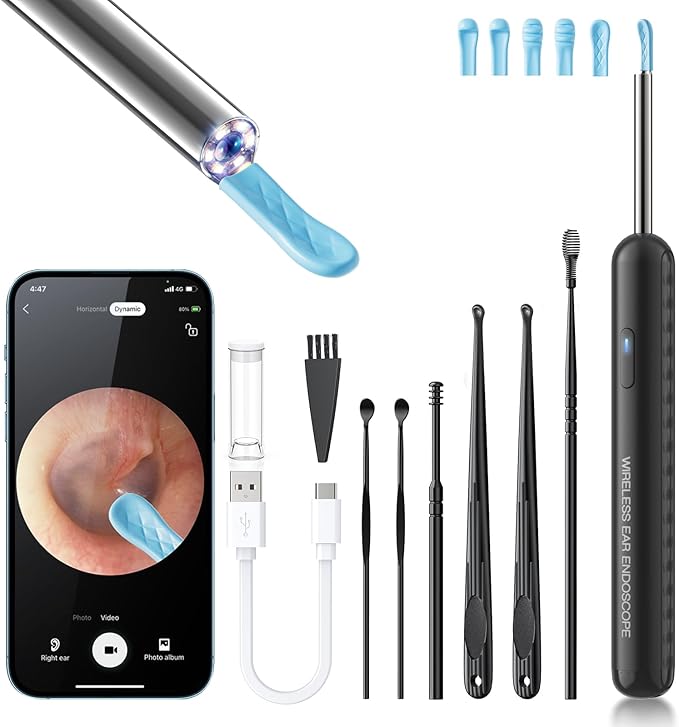 AIFINI Ear Wax Removal, Ear Cleaner with Camera and Light, FSA - HSA Eligible, Ear Wax Removal Tool Camera with 1080P, Ear Cleaning Kit with 6 Spoons, Otoscope for iOS & Android (Black)