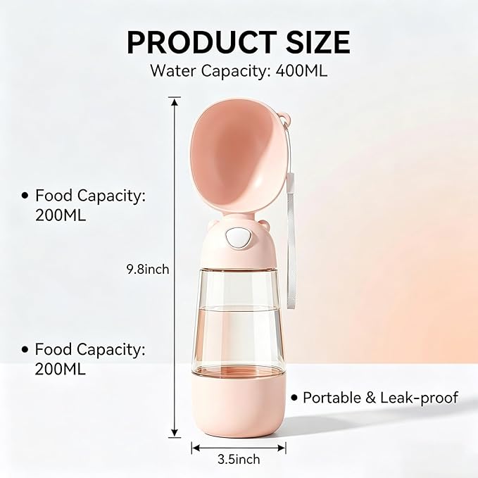 2-in-1 Dog Water Bottle, 400ML Water + 200ML Food Leak-Proof Pet Travel Water Dispenser with Detachable Bowl, BPA-Free Portable Dog Water Bottle for Walking, Hiking, Travel (Pink)