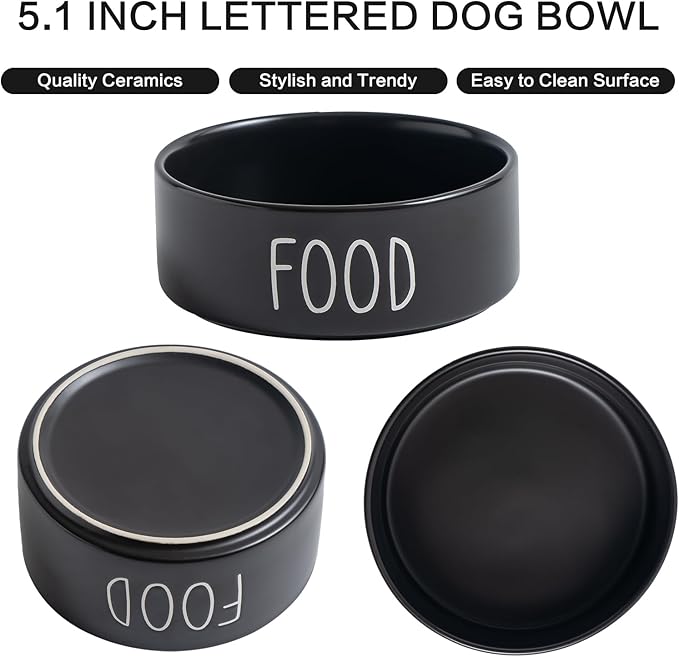 Ceramic Dog Bowls Set of 2 - Weighted Dog Dishes with Food & Water Lettering for Cats and Small Dogs, Food Grade Pet Bowl, Dishwasher & Microwave Safe (5.1 inch, 2 * 16oz, Black)