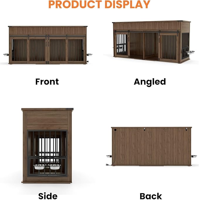 71'' Dog Crate Furniture for 2 Dogs, Wooden Double Dog Kennel with Removable Divider & 360° Rotating Feeder, 3 Fluted Drawers, Charging Station, TV Stand or Side Table (Walnut)