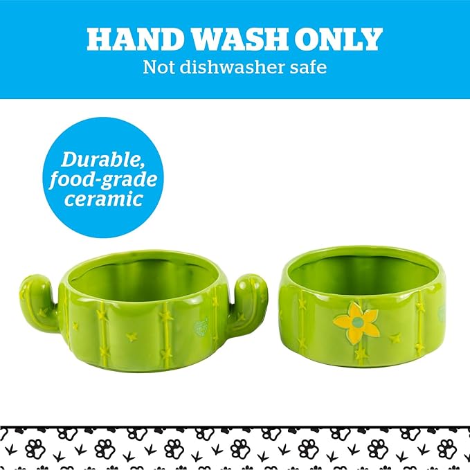 Cactus Pet Bowl, Cute Ceramic Food & Water Bowl Set for Cats & Dogs with Removable, Dishwasher-Safe Stainless Steel Insert, Set of 2