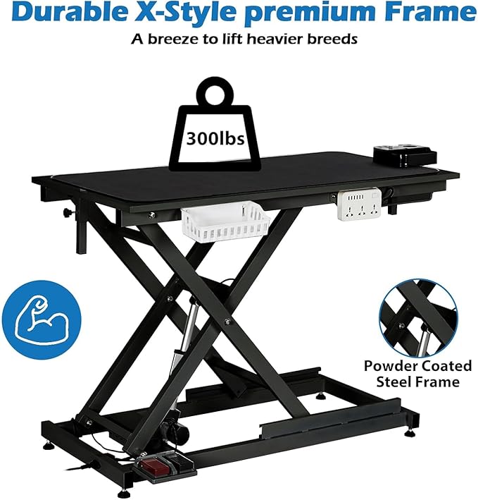 50" Heavy Duty Dog Grooming Table with Aluminium Overhead Arm,Electric Hydraulic Grooming Table with 6 USB Ports for Large Dogs 300 LBS Foot Control