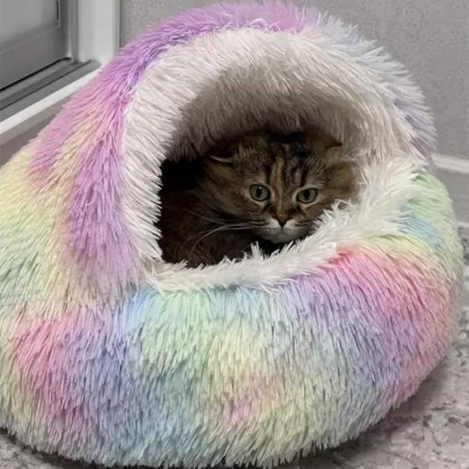 Cat Bed Round Fluffy Hooded Cat Bed Cave, Anti-Anxiety Cave Bed with Hooded Blanket, Cozy Cuddler Luxury Puppy Pet Bed, Anti-Slip Bottom and Machine Washable