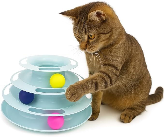 3‑Tier Rotating Track Cat Toy – Multi-Level Rolling Ball Tower for Indoor Cats, Non-Slip Base, Puzzle Chase & Play, Durable Plastic, Easy Assembly
