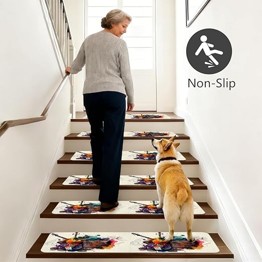Colorful Musical Instrument Violin Stair Treads for Wooden Steps Indoor Washable Staircase Carpet 10PCS 30"x7.8" Stair Step Treads Non-Slip Staircase Covers Peel Stick Safety Mat for Kids Elders Pets