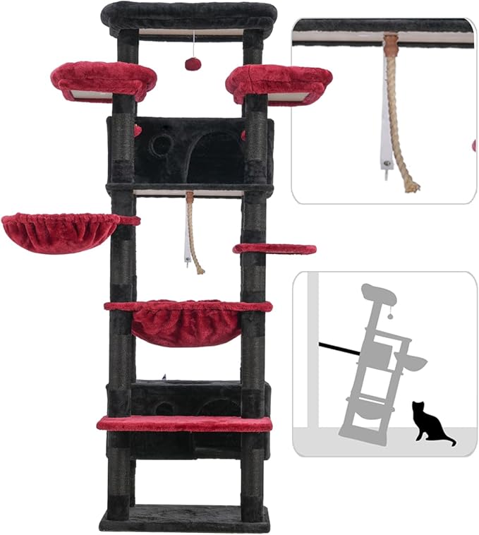 Gitelsnour Cat Tree for Indoor Cats Large Adult, 74" Cat Tower for with 3 Big Platforms, 2 Baskets, 2 Condos, Multi-Level Cat Scratching Posts, Black and Red GCT030BR