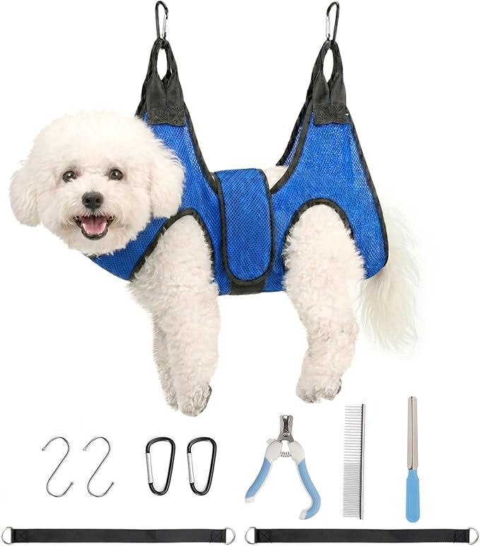 Dog Grooming Hammock Harness, Hanging Sling Restraint for Nail Clipping Small to Medium Dogs & Cats, with Nail Clipper and Comb Pet Grooming Hammock Kit-Large
