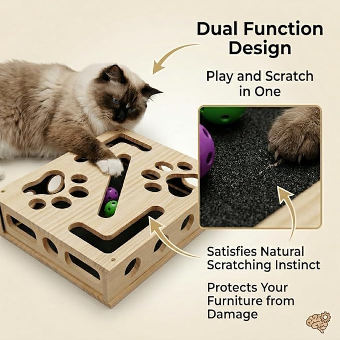Cat Scratch Puzzle Enrichment Box, Large Solid Wood Cat Nail File Box with Sandpaper and 3 Bell Balls, Stress Free Alternative to Clippers & Grinders, Interactive Cat Toy for Indoor Cats Claw Care (A)