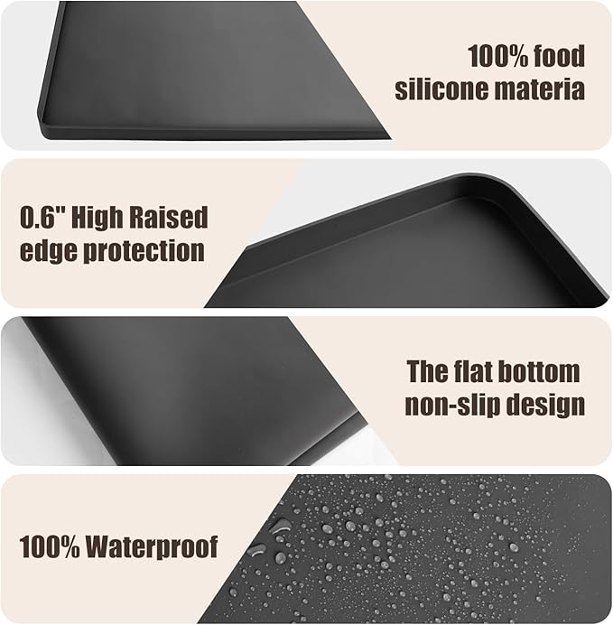Silicone Cat Litter Mat 24x20 In Waterproof Litter Box Mat Leak-Proof Thick Under Kitty Litter Box Feeding Tray with Raised Edges for Floor Carpet, Black