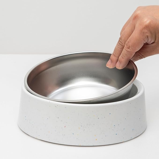bzyoo 32oz 4CUP Dog & Cat Bowl, Sprinkle Design, Hygienic 304 Stainless Steel Pet Bowl with Removable Inner Bowl, Non-Slip Silicone Base, Dishwasher Safe, for Dry/Wet/Raw Food & Water (White)