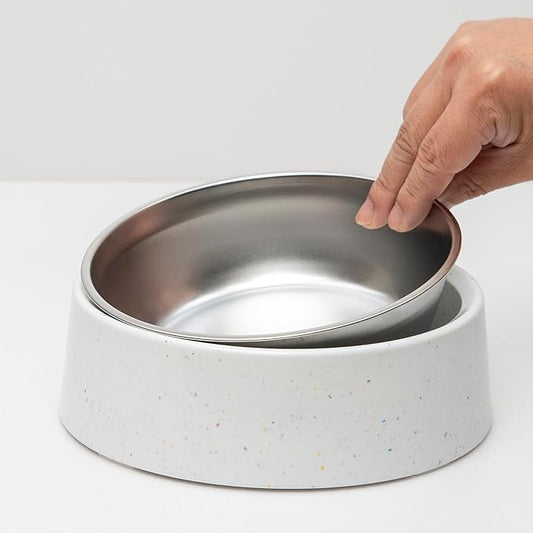 bzyoo 32oz 4CUP Dog & Cat Bowl, Sprinkle Design, Hygienic 304 Stainless Steel Pet Bowl with Removable Inner Bowl, Non-Slip Silicone Base, Dishwasher Safe, for Dry/Wet/Raw Food & Water (White)
