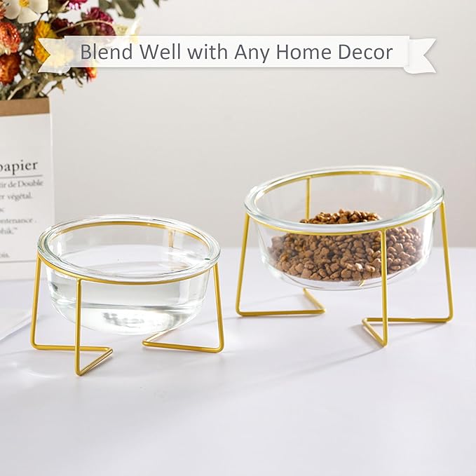 Large Glass Tilted Elevated Cat Dog Bowl Raised Cat Food Water Bowl Dish Pet Comfort Feeding Bowls with Gold Iron Stand