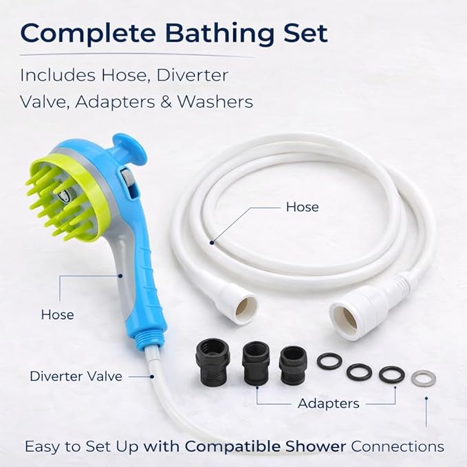 Pet Bathing Sprayer with Soft TPR Massage Brush, Dog Shower Sprayer Attachment with On/Off Switch, Handheld Pet Bath Shower Head with 78.7" Hose, Diverter Valve and Adapters for Dogs and Cats (White)