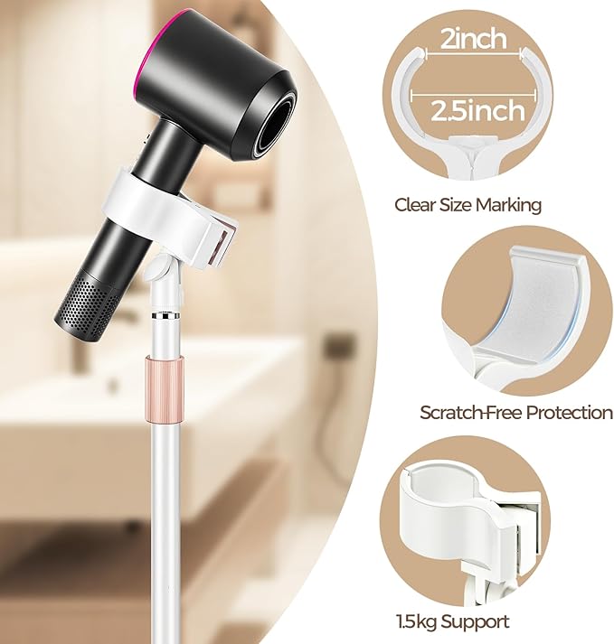 Hair Dryer Stand, 1.68M Height Adjustable Blow Dryers Holder, Ultra Stable Holder with 360° Rotating, Universal Clips, Work with All Dryer, Floor Dryer Stand for Salons or Home Use(White)
