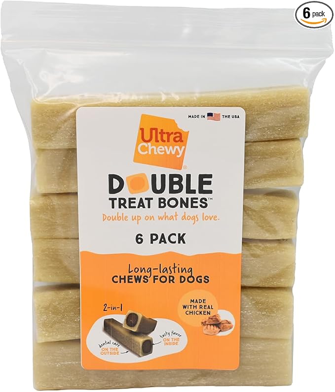 Ultra Chewy Chicken Double Treat Bones: Long-Lasting Dog Treats Made in USA for Large and Small Breeds, Highly Digestible, Ideal for Aggressive Chewers (6 Count)