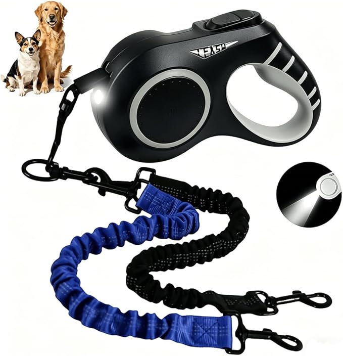 19.7ft Dual Retractable Dog Leash for Medium to Large Dogs 35–65 lbs, USB Rechargeable LED Light, 360° Tangle-Free, Detachable Front Lead & Emergency Ready, Reflective Elastic (Black)