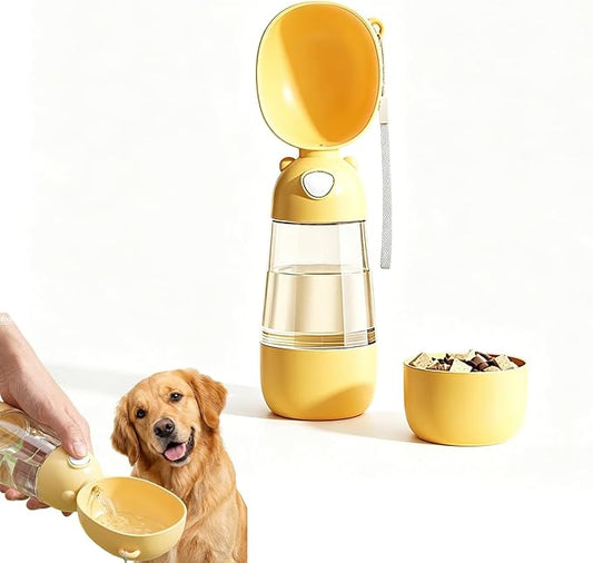 2-in-1 Dog Water Bottle, 400ML Water + 200ML Food Leak-Proof Pet Travel Water Dispenser with Detachable Bowl, BPA-Free Portable Dog Water Bottle for Walking, Hiking, Travel (Yellow)