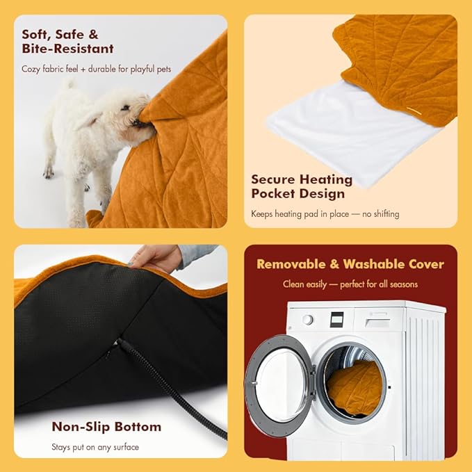 Vagascape Dog Bed, Waterproof Pet Bed with Washable Removable Cover, Comfort Cat Dog Pad for All Seasons, Heating Yellow Maple-Leaf Shape Cat Mat with Nonskid Bottom(35"x27")