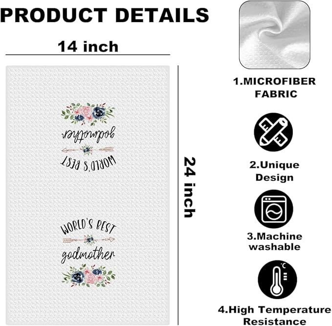 World’s Best Godmother Gifts Kitchen Towels 24x14 Inch, Floral Waffle Absorbent Tea Dish Hand Towels, Reusable Dish Towel for Kitchen Bathroom Decor, Birthday Christmas Thanksgiving for Godmother