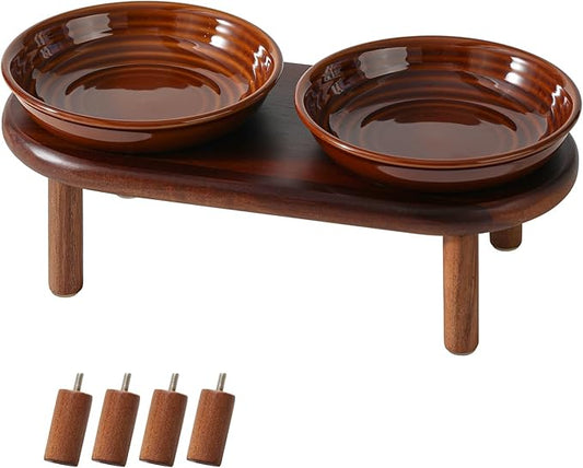 Havniva Elevated Cat Bowls Raised Ceramic Cat Bowl, 5.9” Wide Opening Cat Food Bowl Whisker Friendly Cat Dish Anti-Slip with Wood Stand, Shallow Pet Food & Water Bowl for Indoor Cats