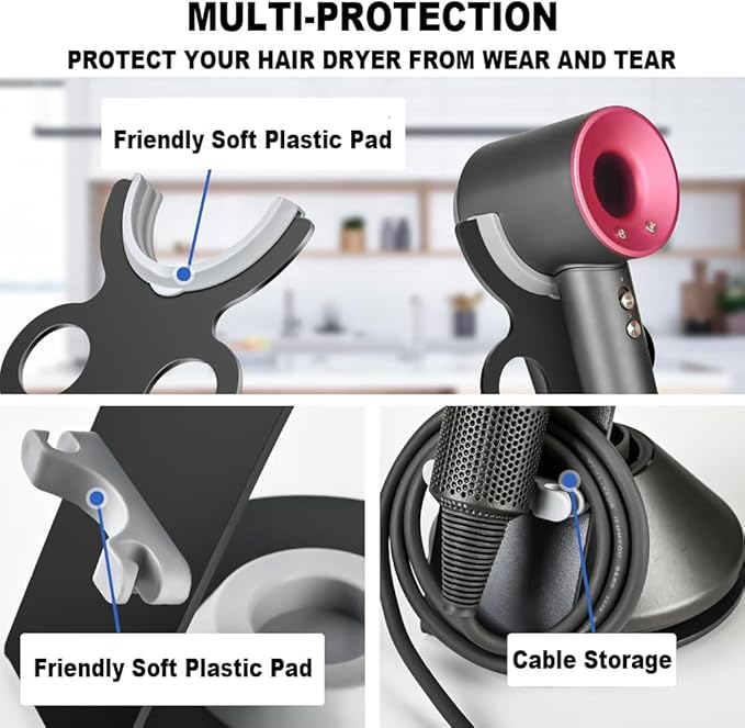 Hair Dryer Stand Holder,Hair Styler Storage Rack for Dyson Supersonic,Desk Heavy Alloy Steel Bracket,Power Plug Cable and Nozzle Attachments Organizer For Bathrooms,Salons,or Bedroom
