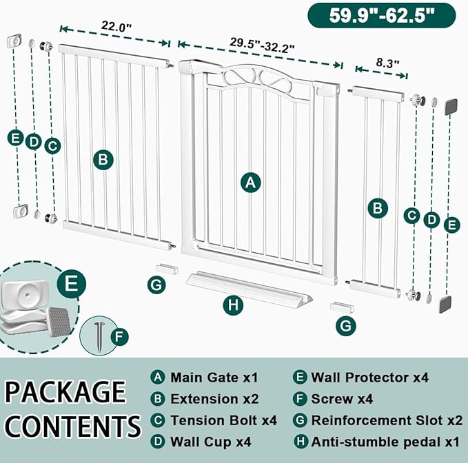 Fairy Baby 59.8"-62.6" Extra Wide Press Mounted Baby Gate Indoor for Kids Or Pets Walk Thru No Drill Long Dog Gates for The House Doorway Child Safety Gate