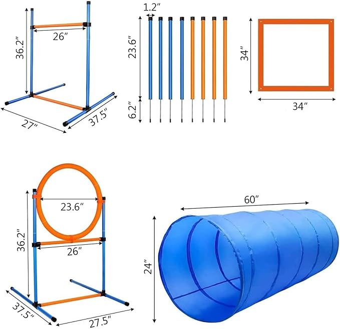 Dog Agility Training Equipment, Dog Obstacle Course Training Starter Kit Pet Outdoor Game with Tunnel, Agility Hurdle, Weave Poles, Jump Ring, Pause Box