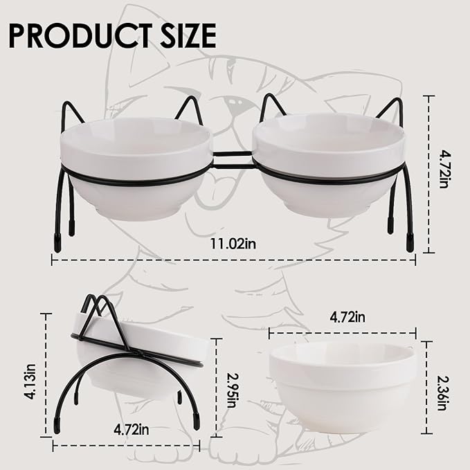 Cat Food Water Bowl Set, Double Ceramic Pet Bowls with 15°Tilted Raised Stand, Elevated Feeding Station with Two Removable Bowls, Raised Cat Bowl, Anti Vomiting Pet Dish Feeder, Kitten and Small Dogs